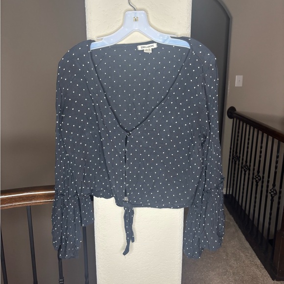 Billabong Polka Dot Cropped Tie Front Bell Sleeve Blouse - Picture 1 of 6